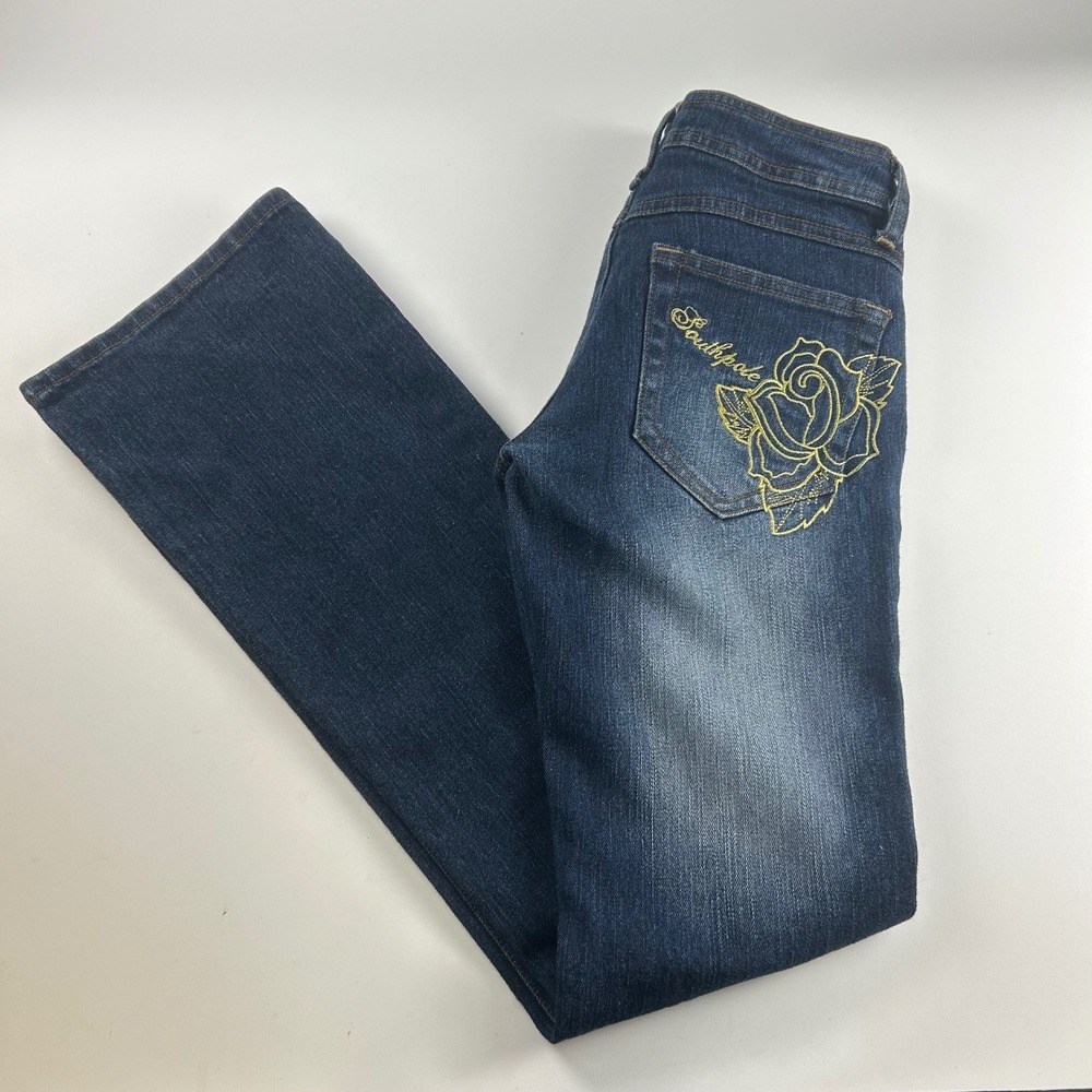 Southpole Juniors 3 Grunge Dark Wash Bootcut Jean Gold Rose Embroidery Y2K Denim